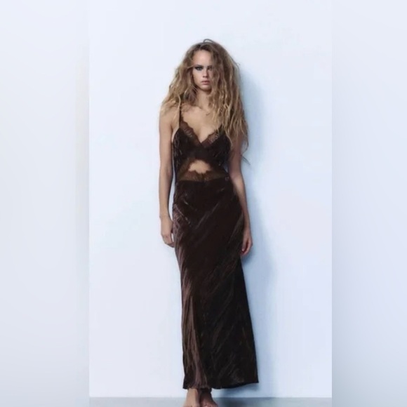 Zara Velvet Lace Trim Midi Dress Brown Slip Dress Size S 🤎 - Picture 4 of 13